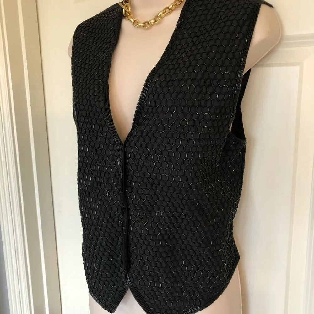 Sellecca Black vintage‎ 80’s 90’s sequins glitter vest Medium adjustable back